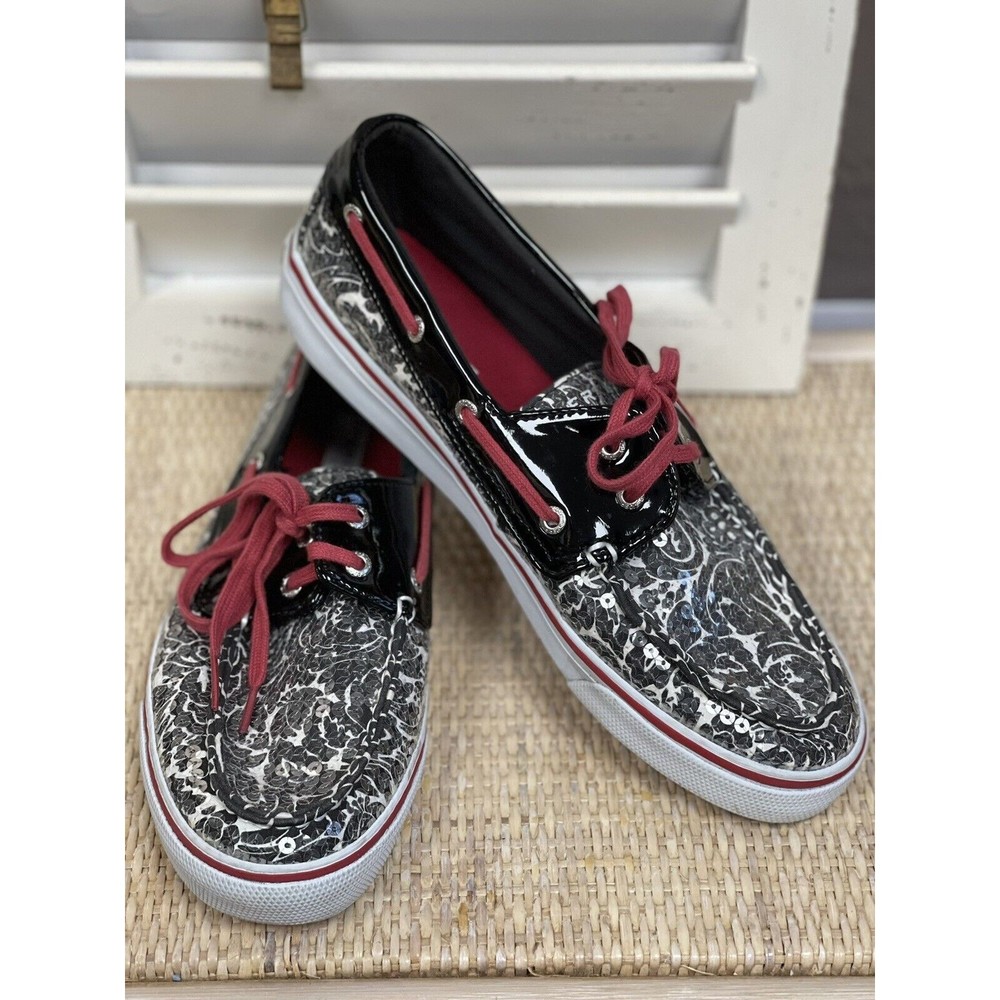 SPERRY Top Sider Biscayne Boat Deck Shoes Sequins Black White Size 9